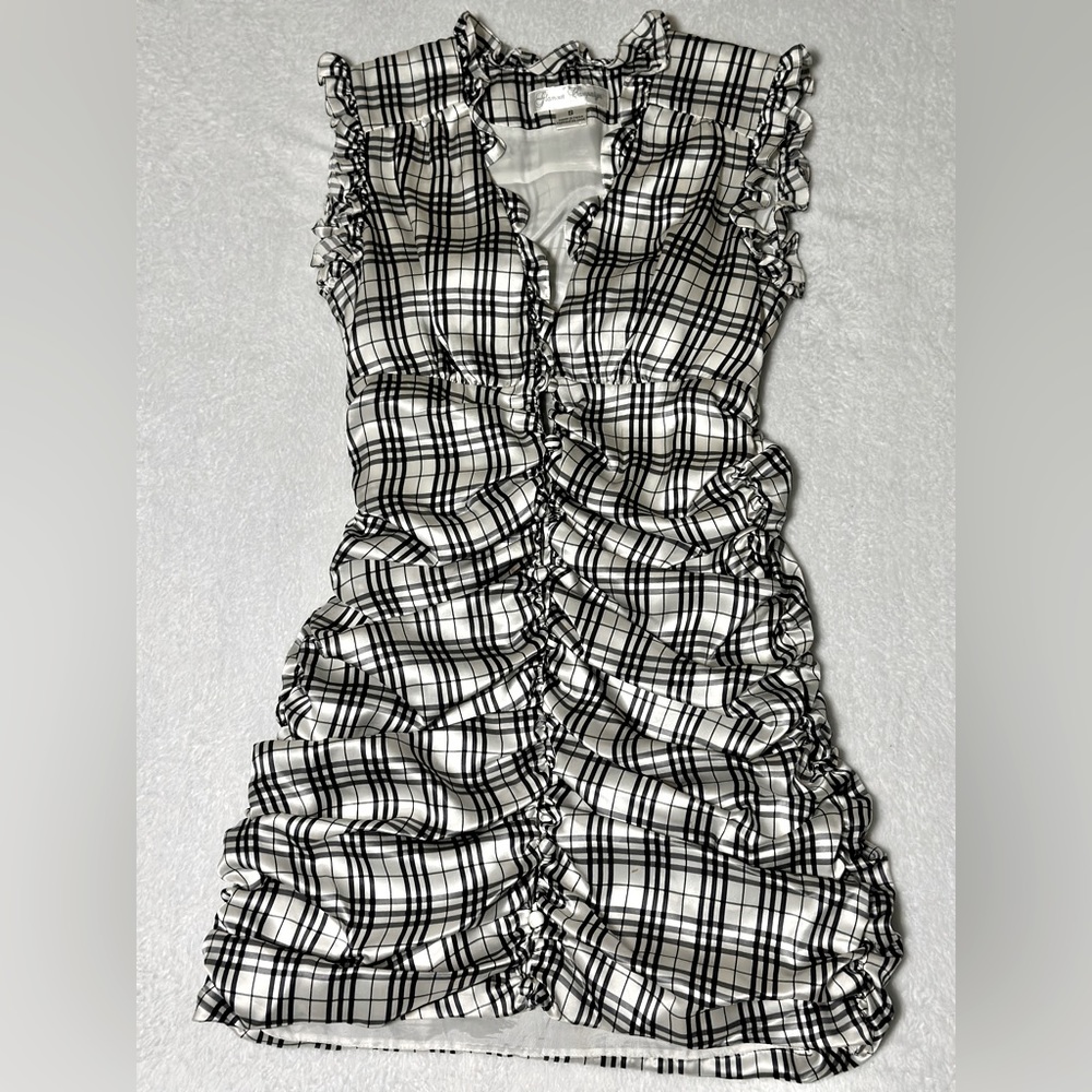 Glamour Campaign 100% Silk Dress Black White Plaid  Sleeveless Shirred